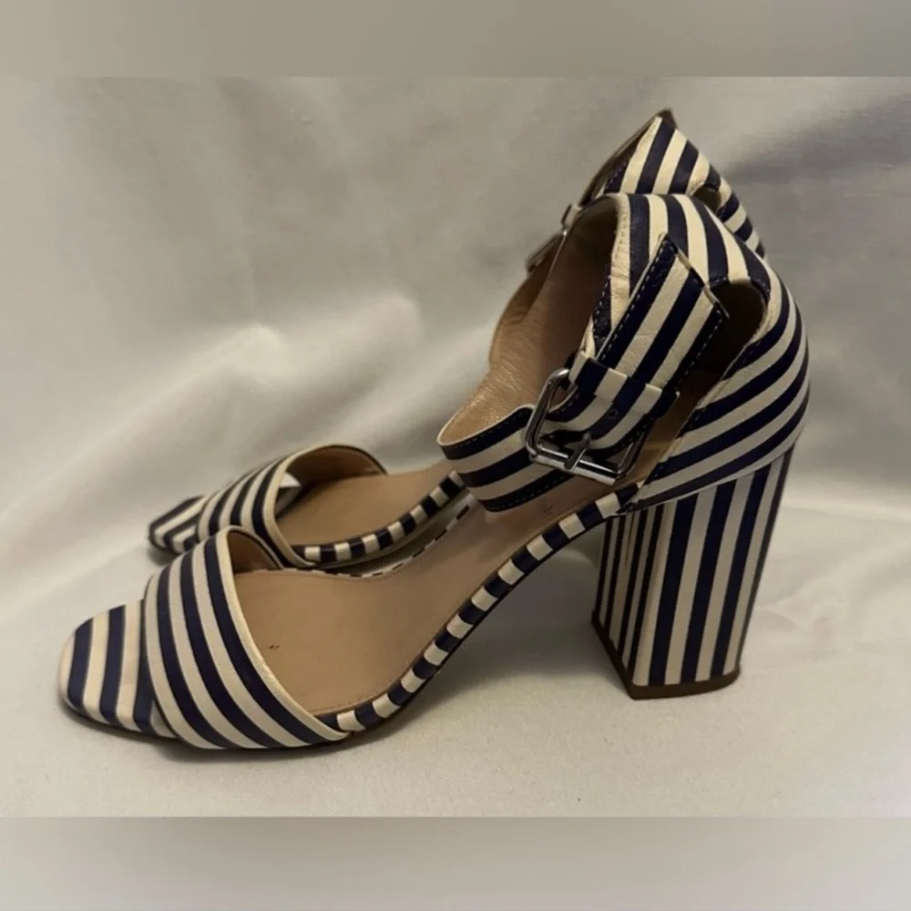 J. Crew Navy & White Striped Block Heel Sandals - Picture 2 of 12
